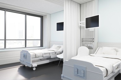 side view of a hospital ward with two purple beds, two monitors and two chairs. concept of medicine and illness treatment. 3d rendering. mock up