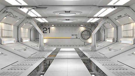 3d rendering of realistic sci-fi spaceship corridor