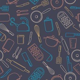 seamless pattern of colorful kitchenware on dark background. set of kitchen tools.