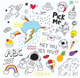 set of colorful doodle on paper background