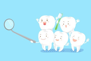 cute cartoon tooth smile happily with mirror on blue background