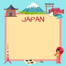 japan touristic banner with national symbols and sample text. japanese cultural, architectural and nature attractions flat vector illustration. vacation in exotic country concept for travel company ad