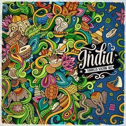 cartoon hand-drawn doodles india illustration. colorful frame detailed, with lots of objects vector design background