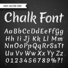 chalk white calligraphy letters, vector writing alphabet isolated on black chalkboard. letter and number for education, script type letters abc illustration.