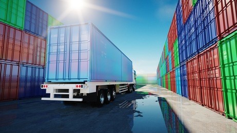 truck in container depot, wharehouse, seaport. cargo containers. logistic and business concept. 3d rendering.