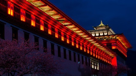 night view of tashichho dzong in thimpu, bhutan. 