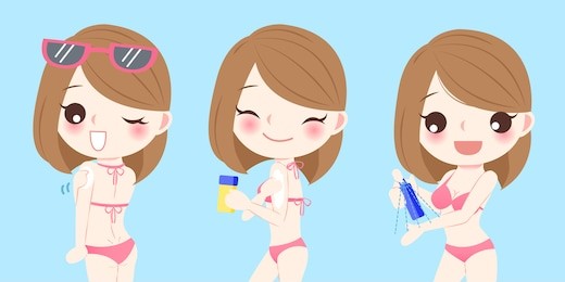 cute cartoon woman with sunscreen on blue background