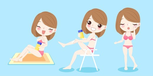 cute cartoon woman with sunscreen on blue background