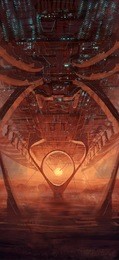 digital illustration of futuristic science fiction environment background landscape of sunset and huge spaceship in abstract form