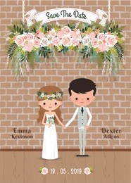 cartoon couple rustic blossom flowers save the date wedding invitation card, with brick wall