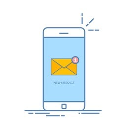 notification of an incoming email letter to a mobile phone. e-mailing, spam, e-commerce. vibration smartphone. thin line vector illustration isolated on color background. flat style.