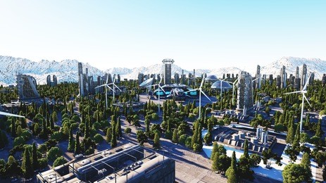 futuristic city, town. architecture of the future. aerial view. 3d rendering