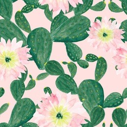 watercolor painting seamless pattern with cactus flowers