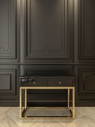 black console with gold in classic black interior. 3d render illustration.