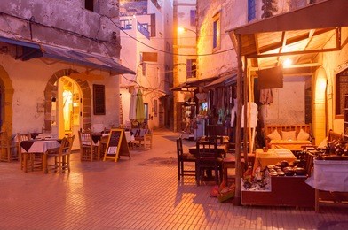 old shopping street in medina at  the evening, essaouira, morocco