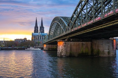 night in cologne and view of cologne cathedral in cologne, germany.