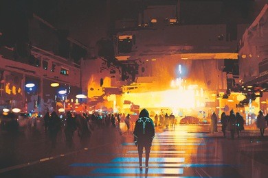 man standing on street looking at futuristic city at night, sci-fi concept, illustration painting