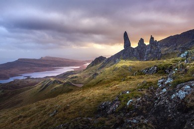 old man of storr, isle of skye, scotland and landscape during colorful sunset