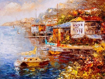 oil painting - harbor view, greece
