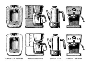 vector hand drawn illustration set of coffee machines. single-cup maker, drip coffeemaker,  percolator and espresso machine