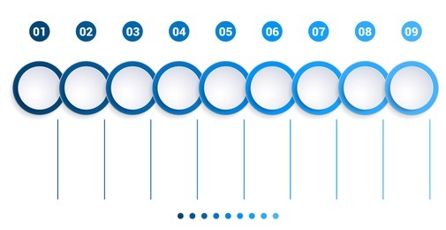monochrome blue bubbles chart, infographics template for 9 steps
