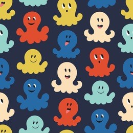 small funny octopus. cute smiling creatures. vector seamless pattern, decorative childish background