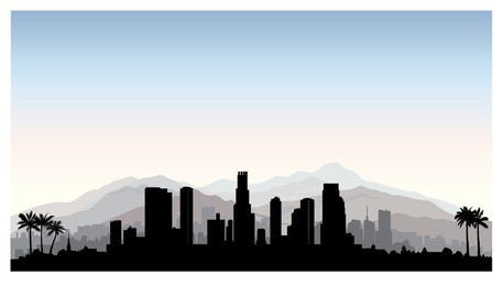 los angeles, usa skyline. city silhouette with skyscraper buildings, mountains and palm trees. cityscape with famous american landmarks. urban architectural landscape. 