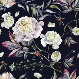 watercolor elegant seamless pattern made of white peonies, meadow plants and foliage. botanical illustration. vintage style decoration isolated on black background.