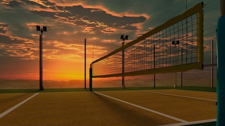 empty volleyball court view on sunset, 3d rendering