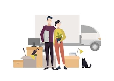 happy young couple moving into a new house with things. cartoon illustration in flat style.