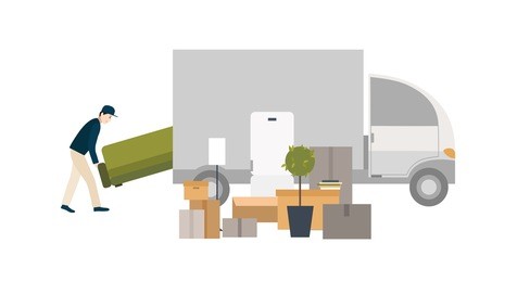worker loading things for transportation. moving into a new house.  cartoon illustration in flat style.