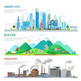 flat smart city, eco life, industry infographics template vector illustration set. ecology and nature pollution concept. buildings, skyscrapers, nature, hills and mountain, factory backgrounds.
