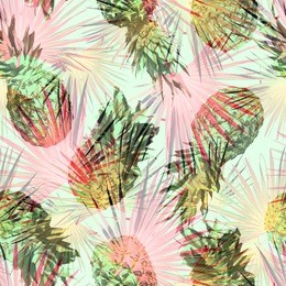 pineapple pattern with palm leaves seamless collage. palm leaves seamless pattern. tropical foliage photo collage artistic work for floral design and fashion textile pink green effect overlay.