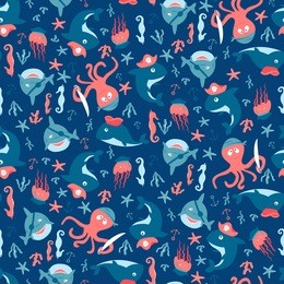 seamless pattern with cute sharks and octopuses in pirate costumes. vector illustration