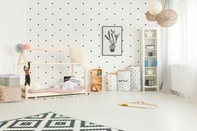 scandi style, white child room with diy house bed