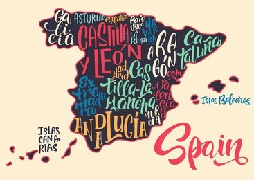 silhouette of the map of spain with hand-written names of regions, provinces - catalonia, andalusia, galicia, etc. handwritten lettering on the background of spain map. unique vector typography poster