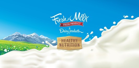 scenery background with elements of landscape, and splashes from milk, with the inscription and decorative design elements.