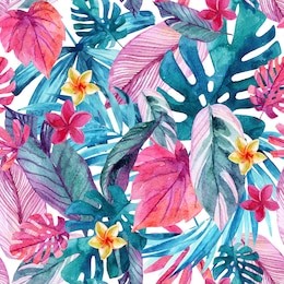 watercolor exotic leaves and flowers background. water color tropical floral painting seamless pattern. hand painted colorful natural illustration for modern design