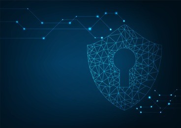cyber security concept: shield with keyhole icon on digital data background. illustrates cyber data security or information privacy idea. blue abstract hi speed internet technology.