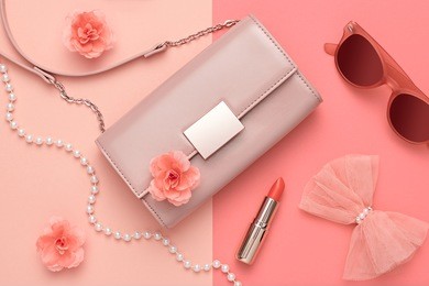 fashion design woman accessories set. pastel colors.cosmetic makeup.trendy  handbag clutch. flat lay. glamor luxury sunglasses. summer lady. creative. art. minimal