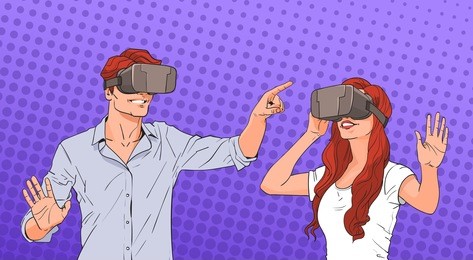 woman and man wear virtual reality digital glasses pop art colorful retro style vector illustration