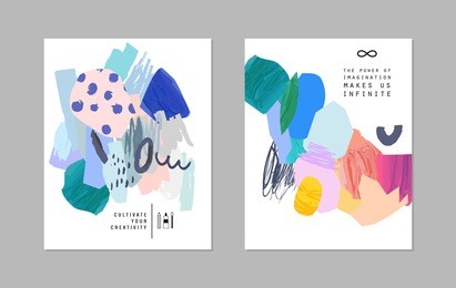 set of creative universal art posters or cards. hand drawn textures. wedding, anniversary, birthday, valentine's day, party invitations, covers, decor elements. vector