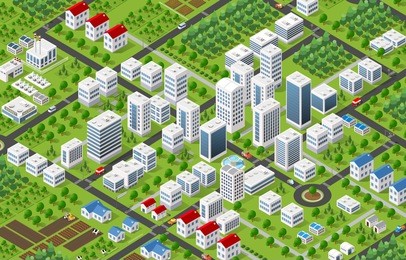 isometric 3d city megapolis structure urban landscape top view with streets, houses, trees and transport