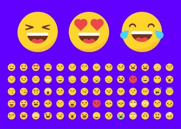 set of 70 emojis in flat style on a purple background
