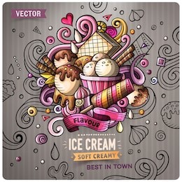 ice cream cartoon vector doodle illustration. colorful detailed design with lot of objects and symbols. all elements separate
