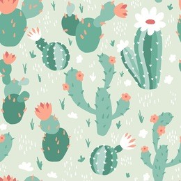 seamless pattern with cactuses and flowers. vector background 