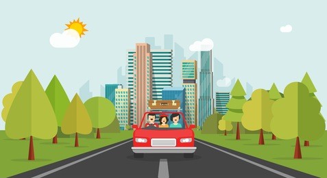 family travel by car, flat cartoon style happy family with kid travelling together via automobile vector illustration, concept of people journey, summer vocations, fun weekend trip