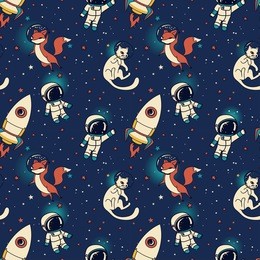 cosmic seamless pattern, cute doodle boys, rockets, foxes and cats floating in space, vector illustration