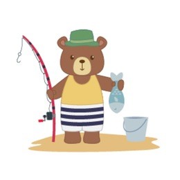bear fishing holding a fish in his paw