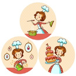 set with the girl cook. a woman is cooking soup. the girl baked a cake. vector illustration in cartoon style.